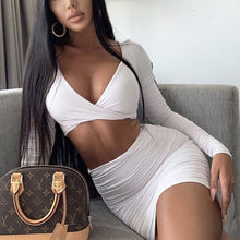 Load image into Gallery viewer, Sexy Long Sleeve V Neck Crop Top w/ Mini Bodycon Skirt