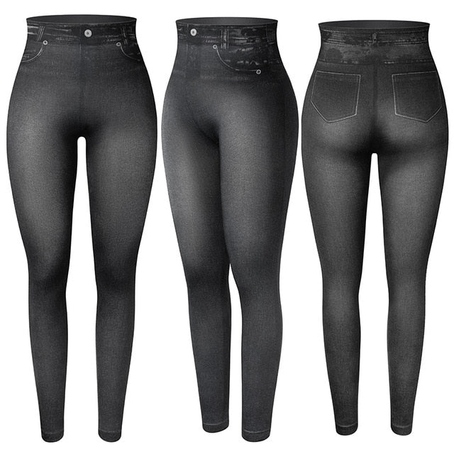 Women High Waisted Jeggings Faux Denim